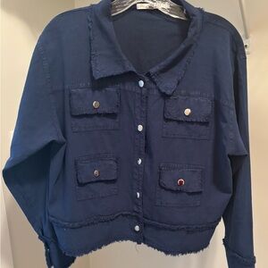 Cropped linen dark royal blue lightweight jacket